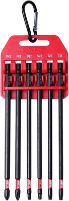 Long Impact Bit Set W/Clip, 2 Phillips, 2 Square, T25 TORX, 6-Inch Length, 6-Pie