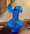Vintage Fenton Colonial Blue Hobnail Ruffled Edged Vase 11”
