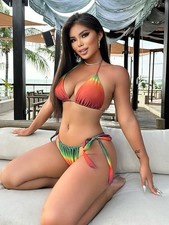 SEGT Women's 3 Piece Swimsuit Triangle Halter Side Tie Thong Bikini Set w/cover