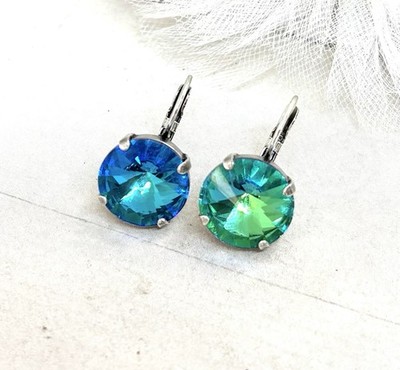 14mm Silver Plated Teal Green Cup Chain Earrings made with Sphinx crystals