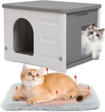 Sturdy Waterproof Cat House with Escape Door, Indoor/Outdoor Shelter - Grey