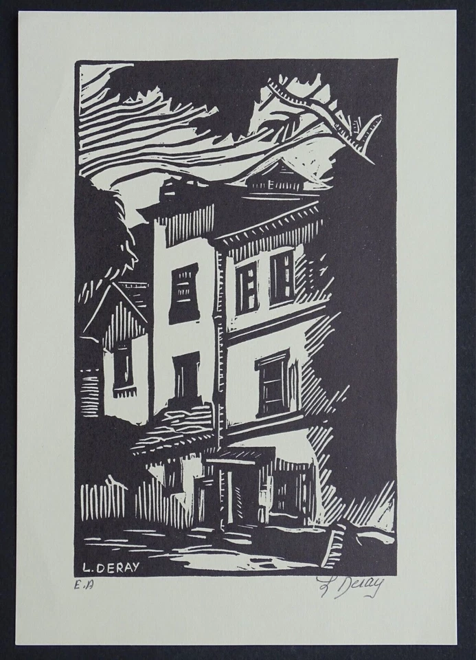 Gravure sur bois originale signée crayon L. DERAY XXe maison de village estampe - Photo 2/3