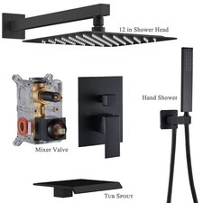 Black Shower Faucet Set System with Valve Rainfall Shower Head Combo Tub Filler