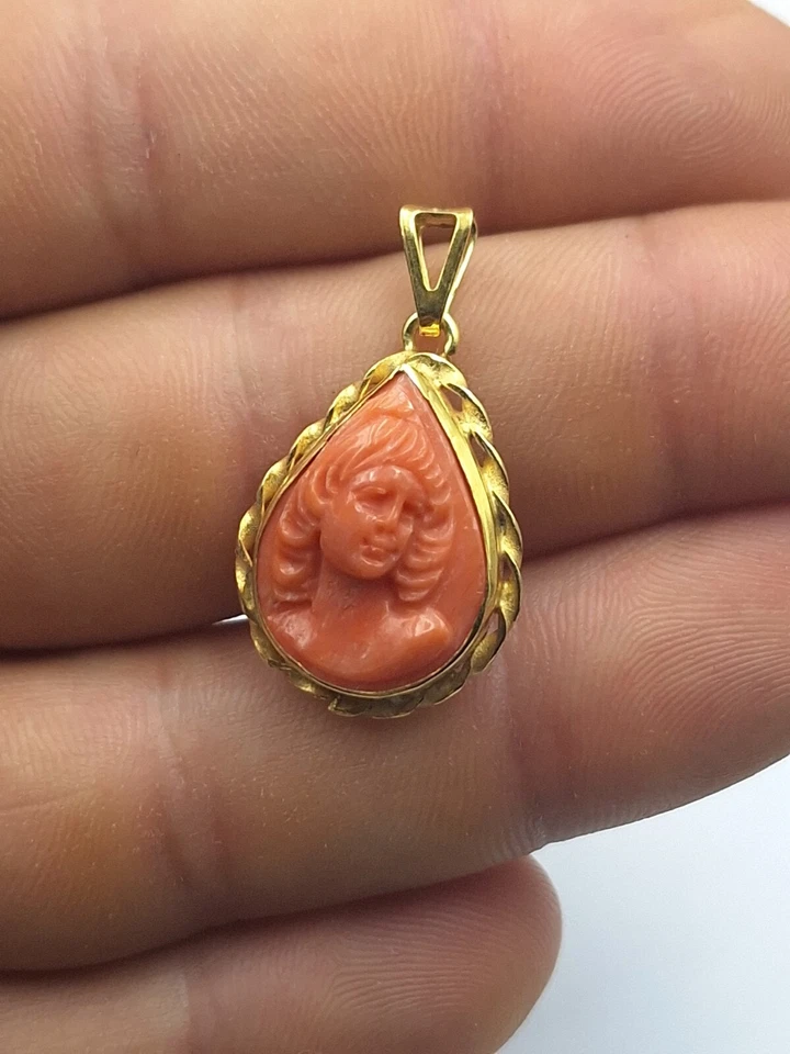 ciondolo Cameo vero corallo Antico Di Sardegna Naturale e Argento 925  Pendente  - Immagine 2 di 4