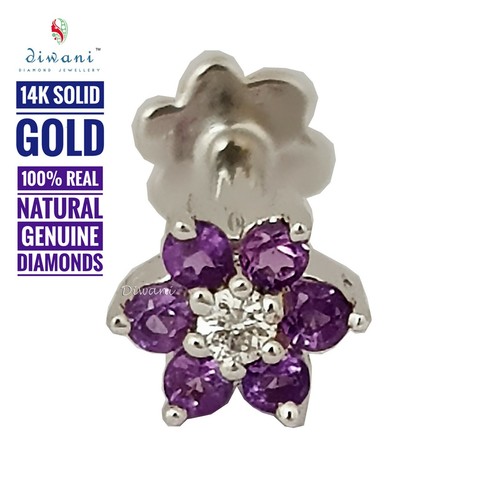 Natural Amethyst & Diamond Flower Nose Lip Labret Piercing Screw Ring Pin Stud - Picture 4 of 13
