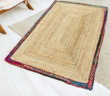 Natural Hemp Rug Rectangle With Rainbow Chindi Braided Border 3 Sizes Available