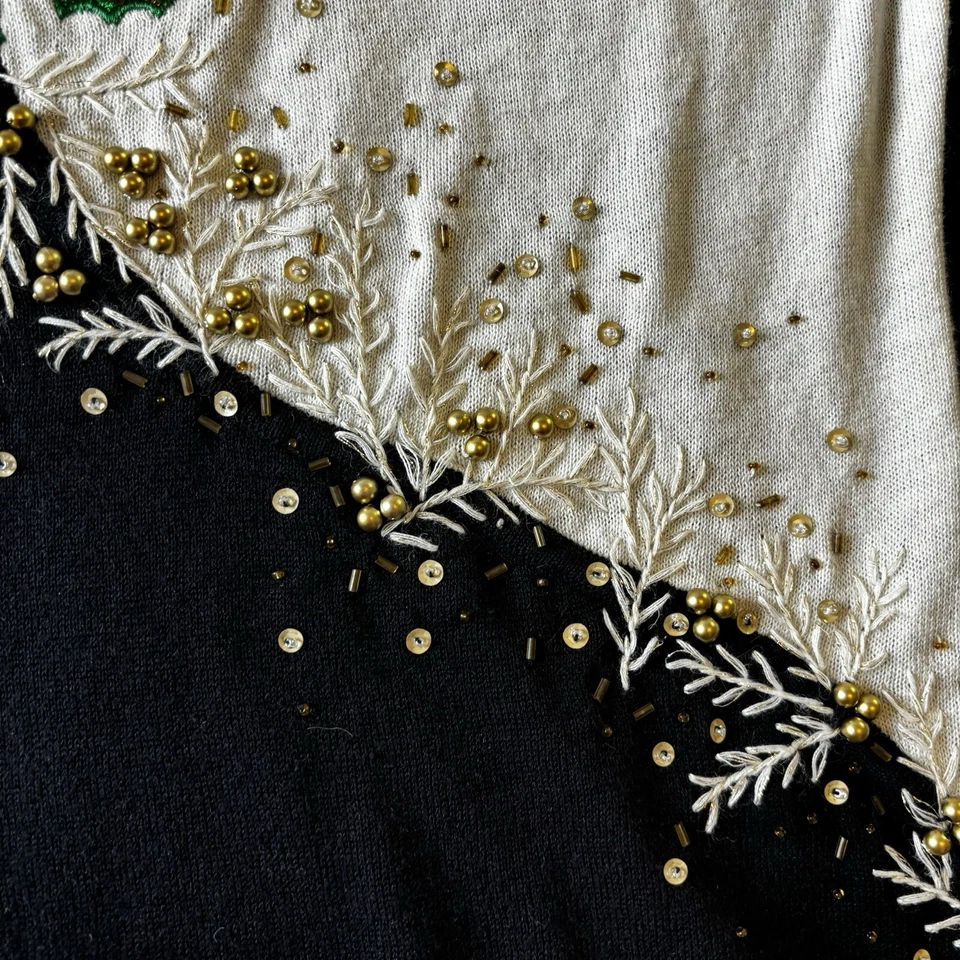 Suéter Berek Vintage Lentejuelas Grandes Acebo Navidad Barco Cuello Lentejuelas Cuentas Foto 4 de 4