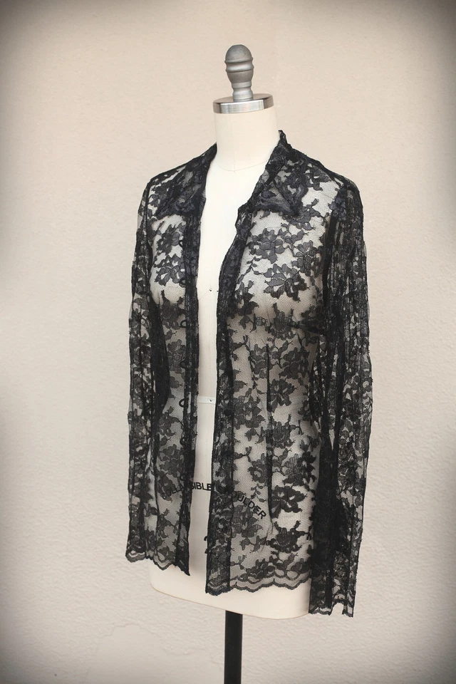 NUEVO CON ETIQUETAS RANDOLPH DUKE Talla 4 Encaje Transparente Floral Malla Brillante Negro Abotonado Foto 3 de 4