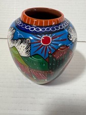 Jarrón Isidoro México Terracota pintado a mano 3,75" de alto folk