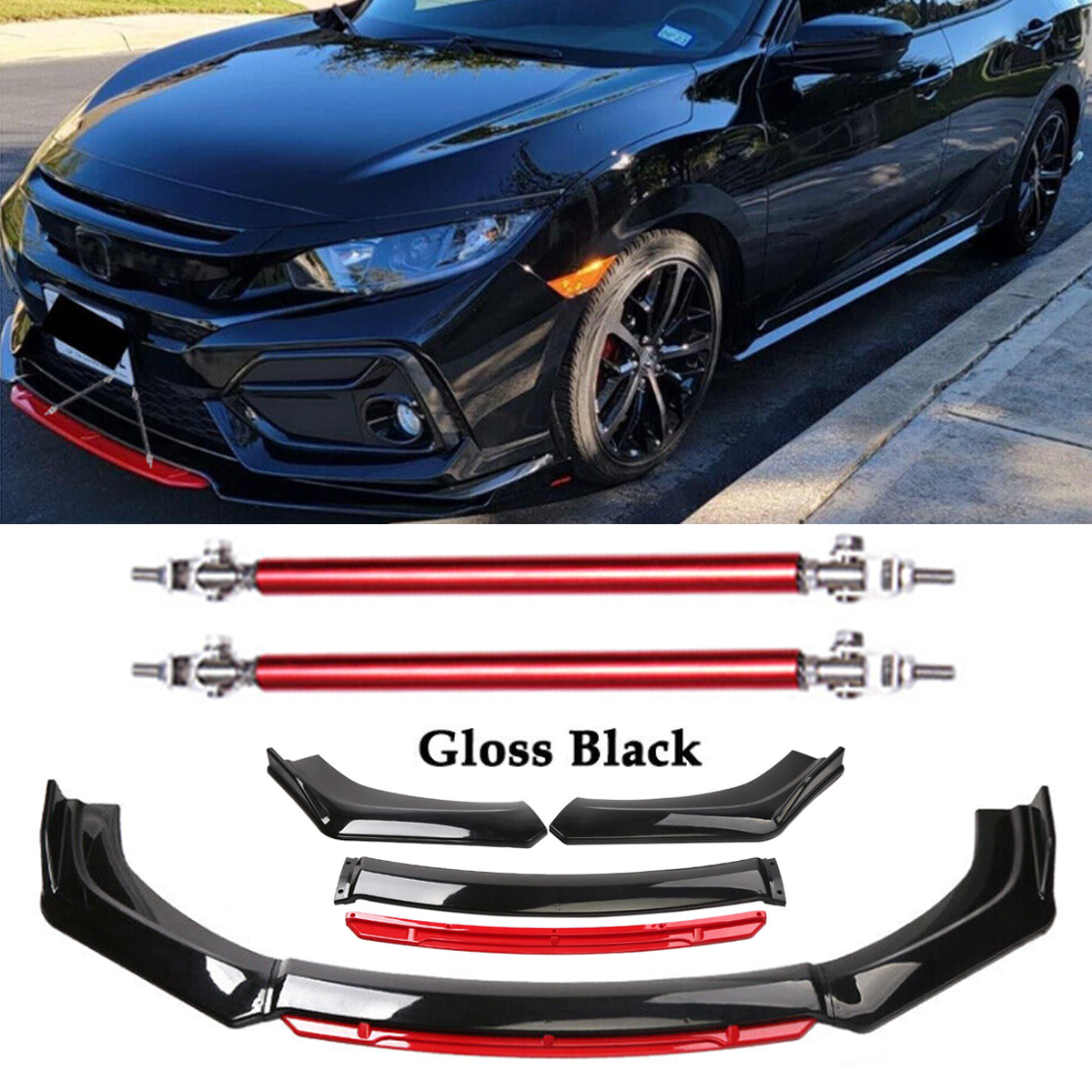 Front Bumper Lip Body Kit Splitter Spoiler Glossy Black Red For Honda Civic Si D