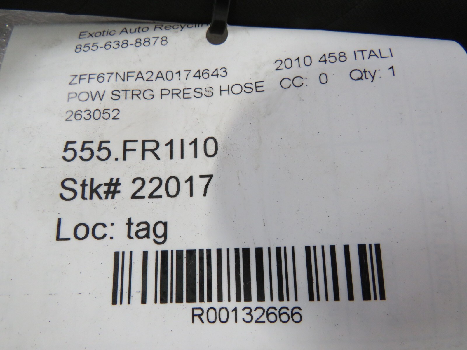 Ferrari 458 Italia, Spider, Power Steering Hose, Used, P/N 263052