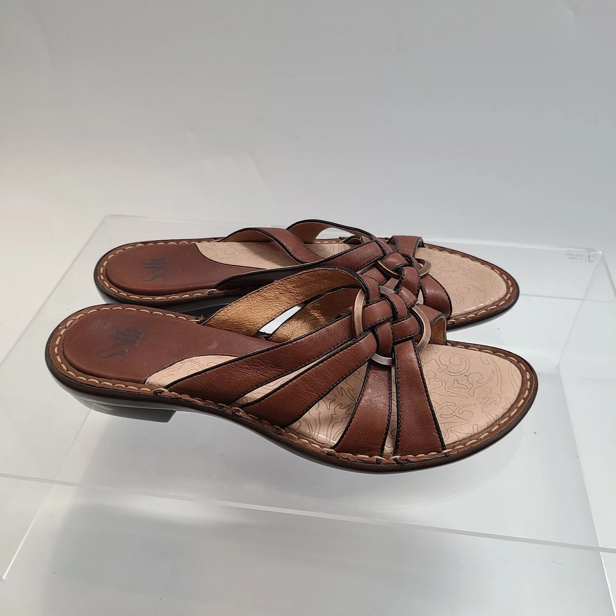 Sofft Brown Leather Strappy Sandals Casual Slip On Womens 9 M Peep