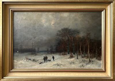 Ölbild Anonym Winterlandschaft mit Jägern und Hunden um 1900 51,5 x 73,5 cm