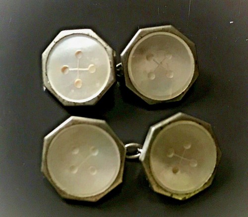Boutons De Manchette Octogonaux Vintage - Nacre Et Métal Argenté, Occasion