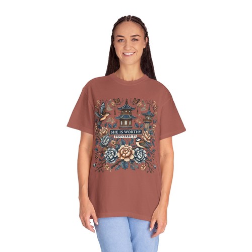She Is Worthy shirt Gift for Women, comfort colors tee, chanoiserie design - Picture 41 of 41