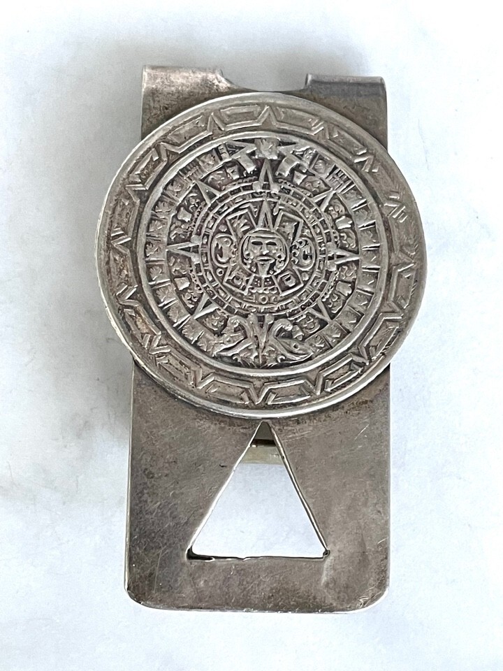 マネークリップ ビンテージ シルバー925メキシコ刻印 マヤカレンダー Vintage Hand Made 925 Sterling Silver Maya/Aztec Design Money Clip