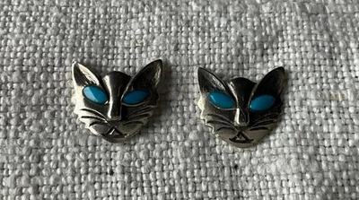 Ohrstecker Silber Katze türkisfarbene Augen 80er Vintage - Bild 1 von 3