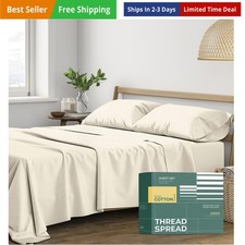 100 Percent Organic Cotton Sheet Set Queen Size 4PC Ivory Percale Cooling Soft