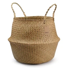 Large Woven Seagrass Belly Basket - 12" D x 14" H - Plant/Grocery/Picnic Storage