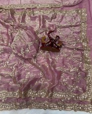 Women Pink Fandy Silk Saree with Sequins Embroidery Work Unstitched Blouse