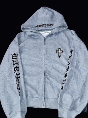 Men's Hooded Sweatshirt with Diagonal Zipper and Retro Style Lettering Hip Hop