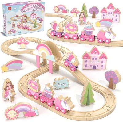 Wooden Train Set, Train Set for Toddlers 2-4, Wooden Train Track for Girls, Unic
