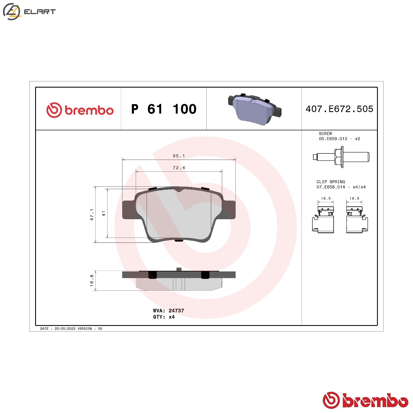 BRAKE PAD SET DISC BRAKE P 61 100 FOR PEUGEOT 207/207+ 307/SW EMGRAND EC7 1.4L 7