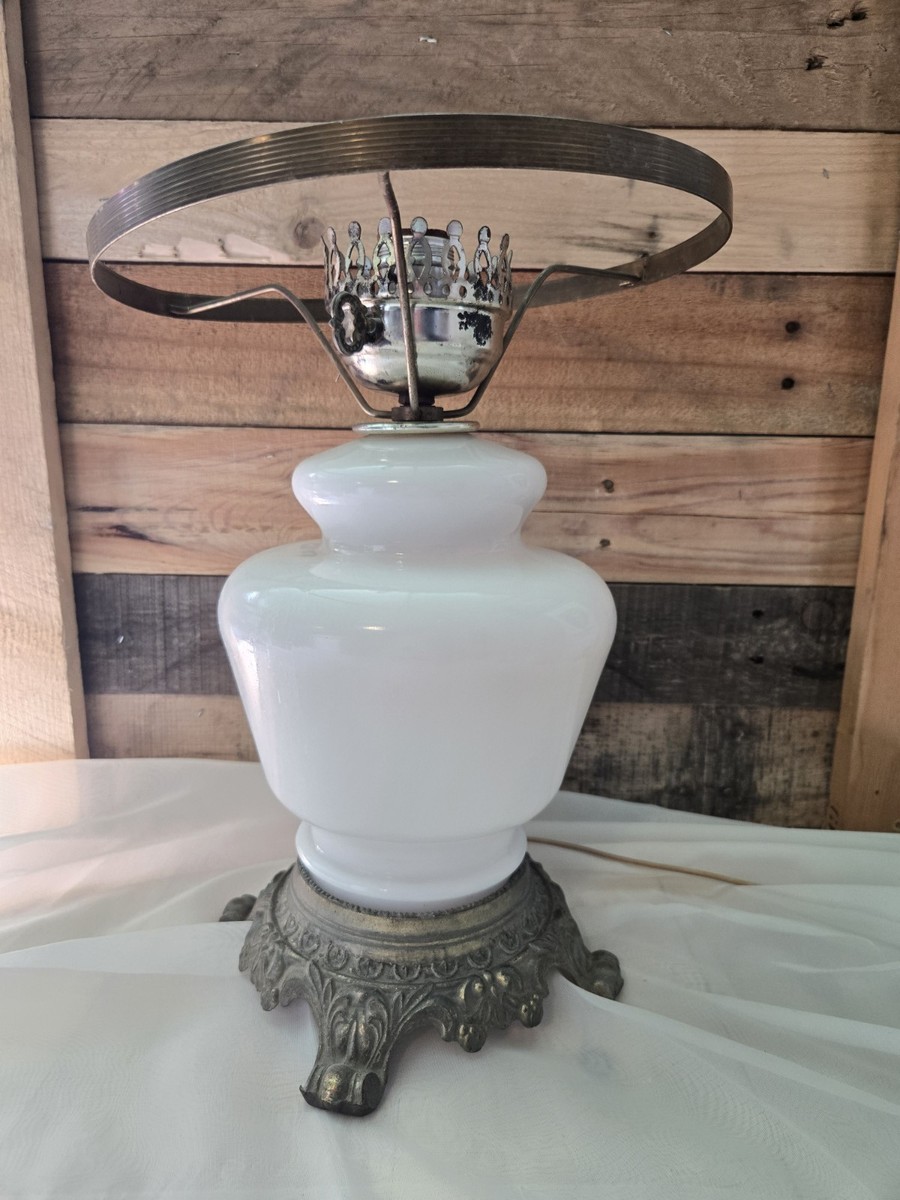 Vintage Milk Glass Hurricane Lamp Base Victorian Style With Brass