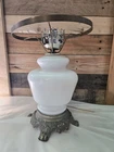 Vintage Milk Glass Hurricane Lamp Base Victorian Style With Brass Accents 13"
