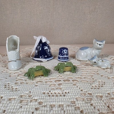 Vintage Miniature Figurine Lot Cat Frog Porcelain Shoe Bell Thimble Cottage core