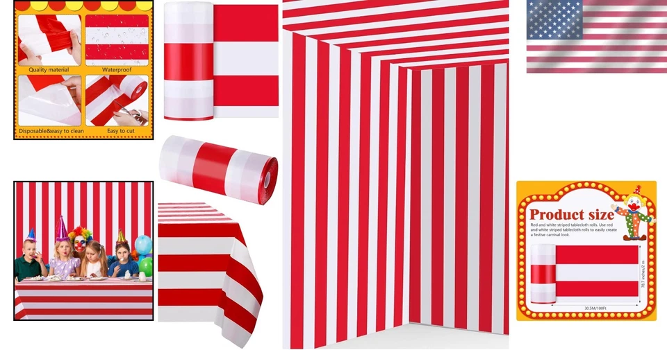 Durable 100 ft Red and White Striped Table Cover Roll - Perfect for Celebrations - Image 2 of 4