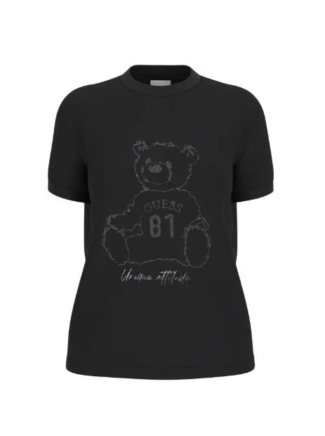 GUESS Maglietta Donna Con Mini Patch – Jersey Di Cotone, Girocollo, Nero, Taglia XS - 3