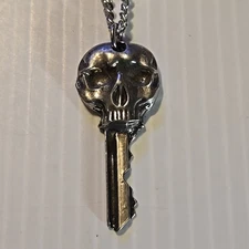 SKELETON SKULL KEY Pewter Pendant Charm / 18"-24" STAINLESS CURB CHAIN NECKLACE