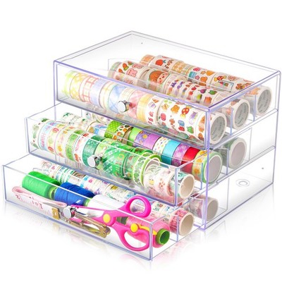 Wonderjune 3-Drawer Washi Tape Organizer Box 10x7x6.8'' Clear Plastic Storage
