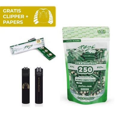 PURIZE Xtra Slim Size 250 Aktivkohlefilter grün inkl. KSS Papers und Clipper