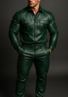 Men's Green Lambskin Leather Shirt & Pants Set: Biker Streetwear Leather Suit
