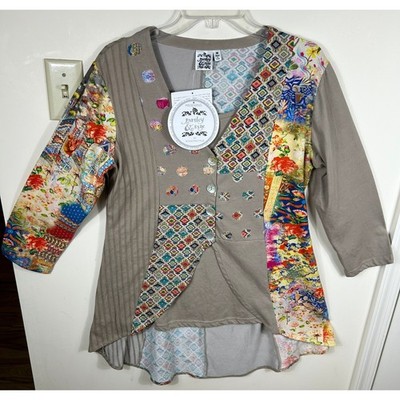 Parsley & Sage Patchwork Tunic Top Women M Taupe Mixed Media Artsy Lagenlook