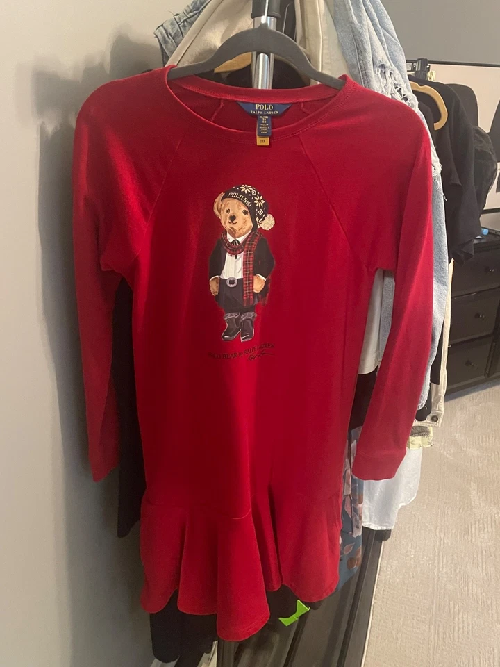 Girls Polo Ralph Lauren Holiday Dress Red Polo Bear Drop Waist Size 16 — 第 2/2 张图片