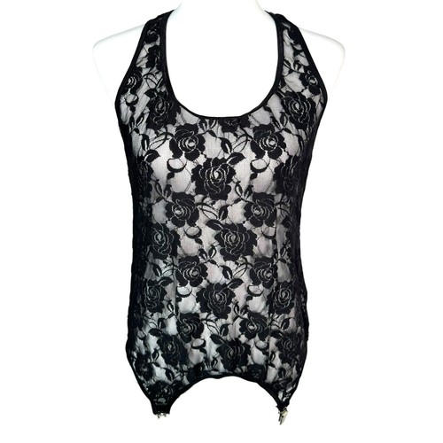 BLACK HEART NWT Women XL Black Sheer Floral Rose Lace Tank Lingerie Garter Clips