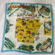 Vintage Arkansas Map Rayon Scarf Tourist Landmarks Souvenir 28x28 Hand Rolled