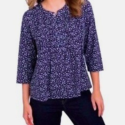 Lands End Womens XL Navy Blue White Floral Henley 3/4 Sleeve Pleated Knit Top