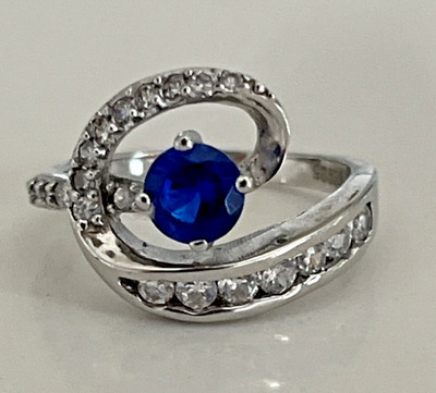 925 Sterling Silver Royal Blue Sapphire CZ Bypass Ring Sz 6 Wave Swirl Statement