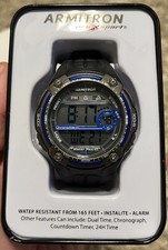 Armitron Pro Sport Digital Watch Black Blue 165ft Water Resist Alarm Timer