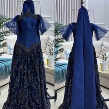 Beautiful Elegant Formal Long Dress Prom Gown Navy Lace sequin sparkly  shawl