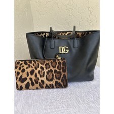 Dolce & Gabbana Black Leather DG Logo Tote Bag Leopard Print Lining with Pouch