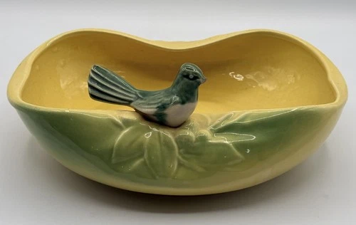 Vintage McCoy Bird Bath Oval Bowl/Planter in Yellow with Green Tints