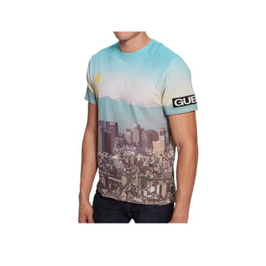 GUESS Men Eco Tokyo Cityscape Graphic T-Shirt Mount Fuji Blue Slim Fit Medium