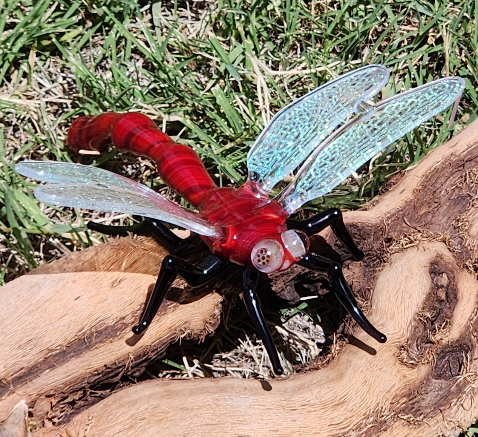 Hand Crafted Glass Dragonfly Red Body Iridescent Wings Millefiori Eyes Lampwork