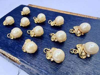 12 Pcs Vintage Gold Pearl Rhinestone Dangle Pendants Charms NOS Findings Lot