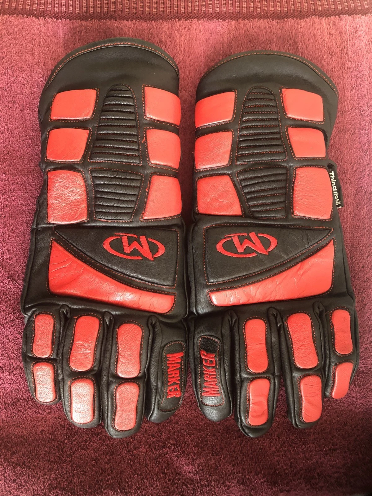 MARKER Leather Padded Ski Racing Gloves, XL, Red & Black, With Thinsulate